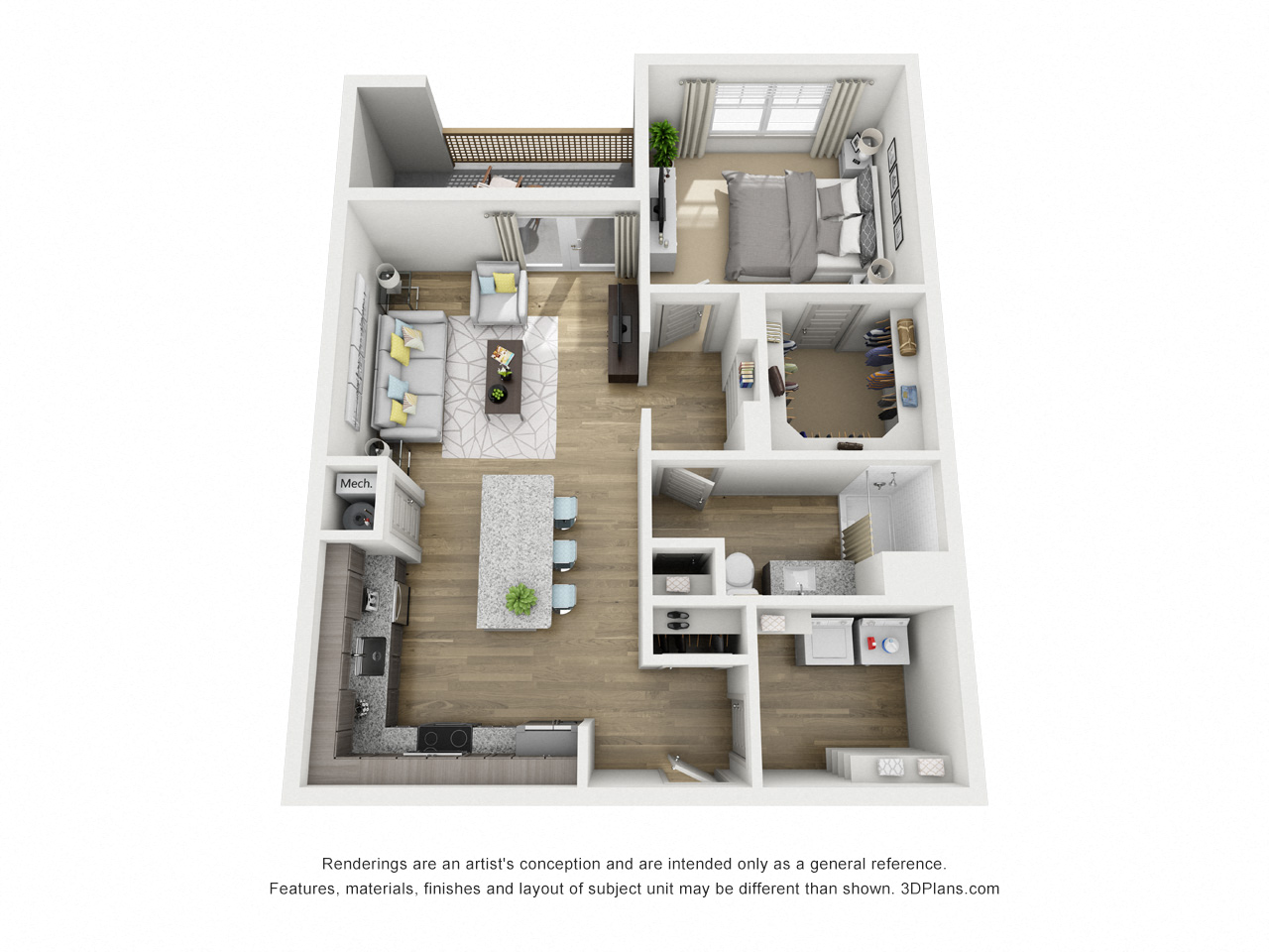 Floor plan for 1 bed, 1 bath, 768 sqft